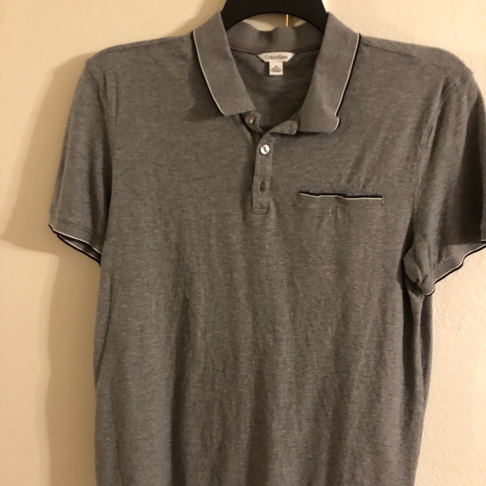 CALVIN KLEIN MENS M GREY NAVY WHITE POLO SHIRT